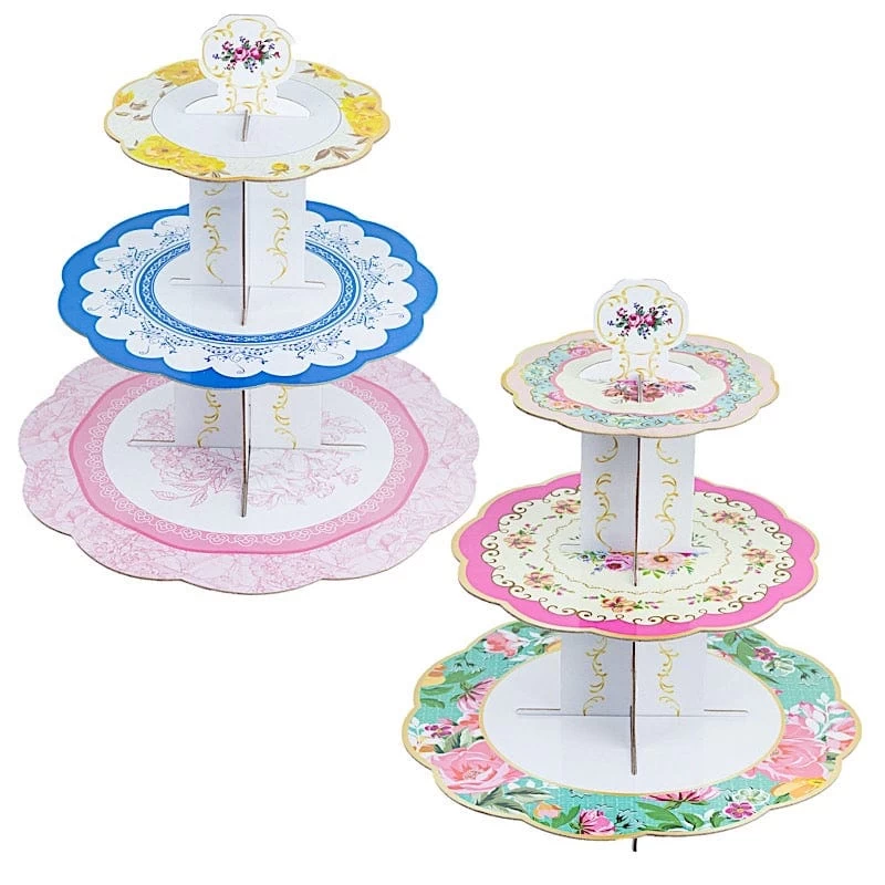 2 Assorted 14 In Round 3 Tier Floral Cupcake Stands Dessert Pedestals - Image 5
