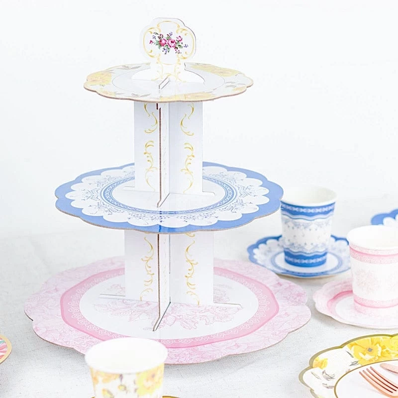 2 Assorted 14 In Round 3 Tier Floral Cupcake Stands Dessert Pedestals - Image 3