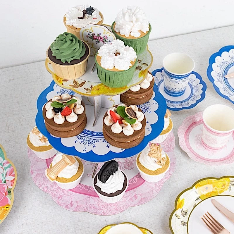2 Assorted 14 In Round 3 Tier Floral Cupcake Stands Dessert Pedestals - Image 12