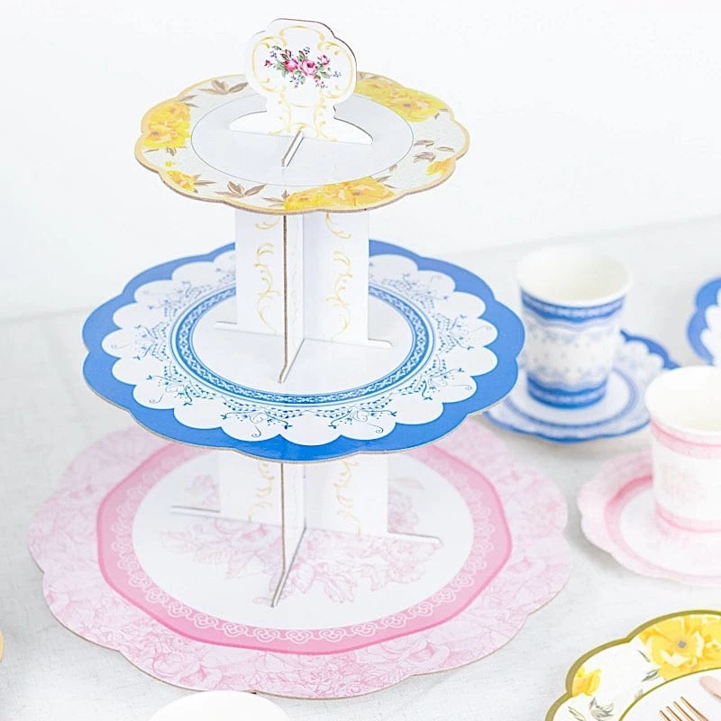 2 Assorted 14 In Round 3 Tier Floral Cupcake Stands Dessert Pedestals - Image 11