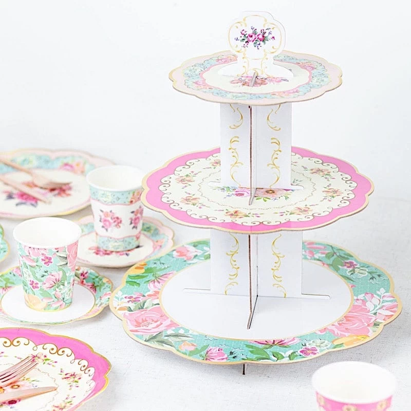 2 Assorted 14 In Round 3 Tier Floral Cupcake Stands Dessert Pedestals - Image 9