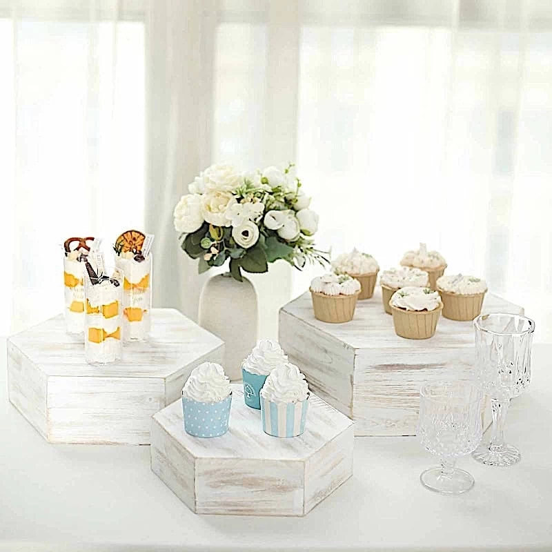 3 Whitewashed Wooden Cake Stand Hexagonal Dessert Display Boxes - Image 6