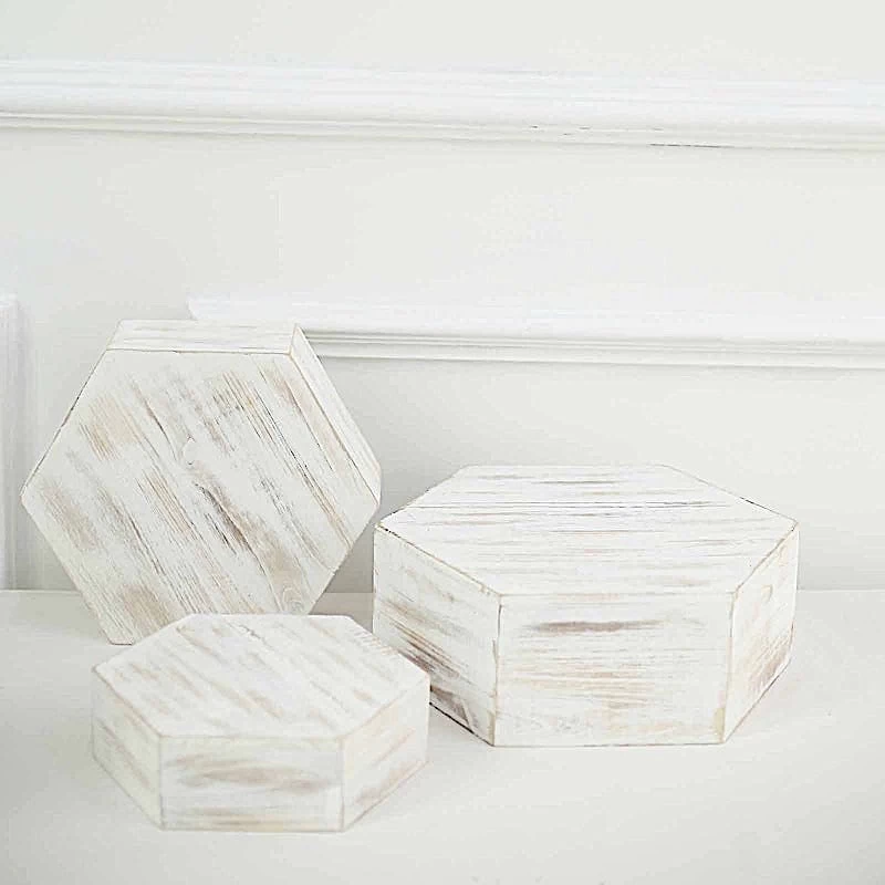 3 Whitewashed Wooden Cake Stand Hexagonal Dessert Display Boxes - Image 2