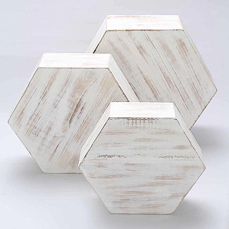 3 Whitewashed Wooden Cake Stand Hexagonal Dessert Display Boxes - Image 9