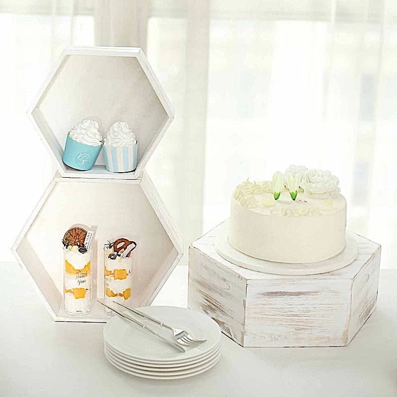 3 Whitewashed Wooden Cake Stand Hexagonal Dessert Display Boxes - Image 5