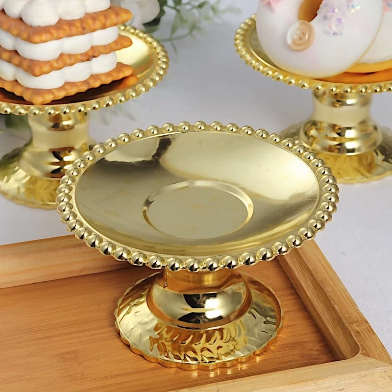 12 Gold 5" Plastic Round Mini Dessert Display Stands Cupcake Pedestals With Beaded Rim - Image 3
