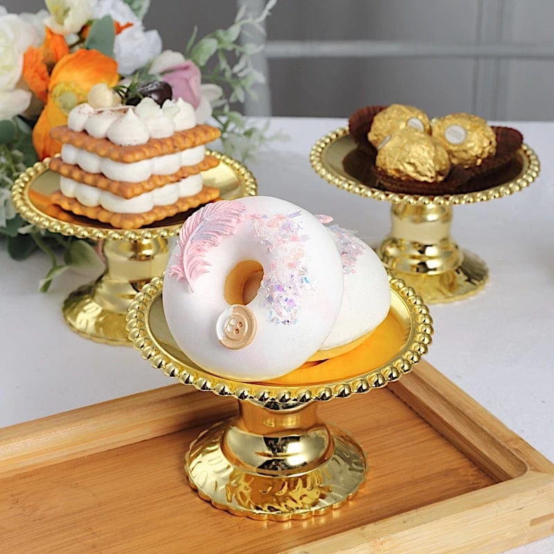 12 Gold 5" Plastic Round Mini Dessert Display Stands Cupcake Pedestals With Beaded Rim - Image 4