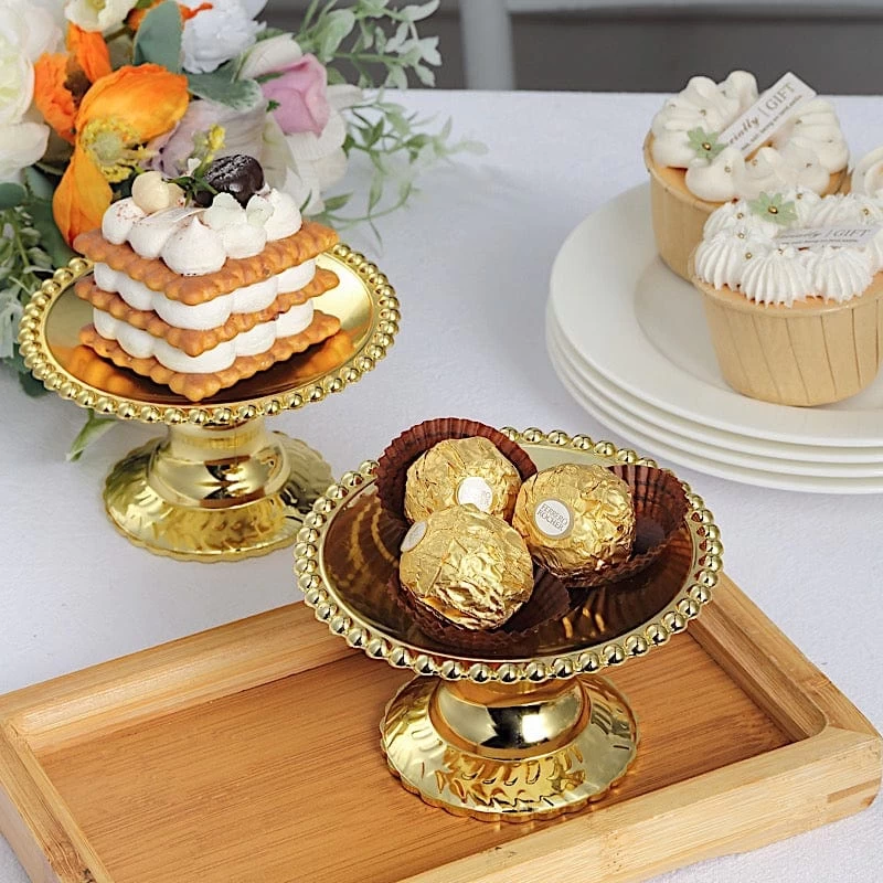 12 Gold 5" Plastic Round Mini Dessert Display Stands Cupcake Pedestals With Beaded Rim - Image 7