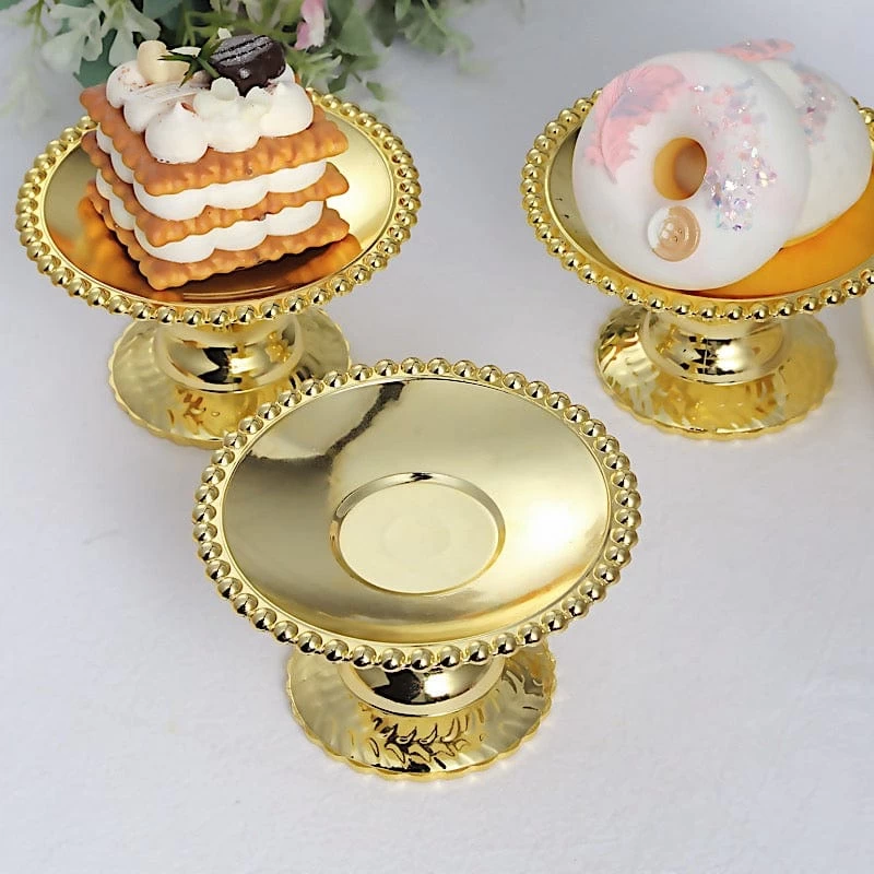 12 Gold 5" Plastic Round Mini Dessert Display Stands Cupcake Pedestals With Beaded Rim - Image 10