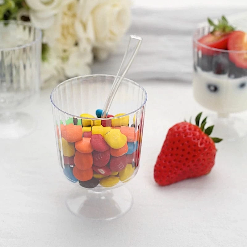 24 Clear 5 Oz Disposable Ribbed Round Plastic Dessert Cups With Spoon Set - Image 3