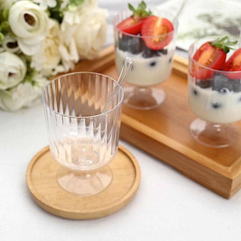 24 Clear 5 Oz Disposable Ribbed Round Plastic Dessert Cups With Spoon Set - Image 5
