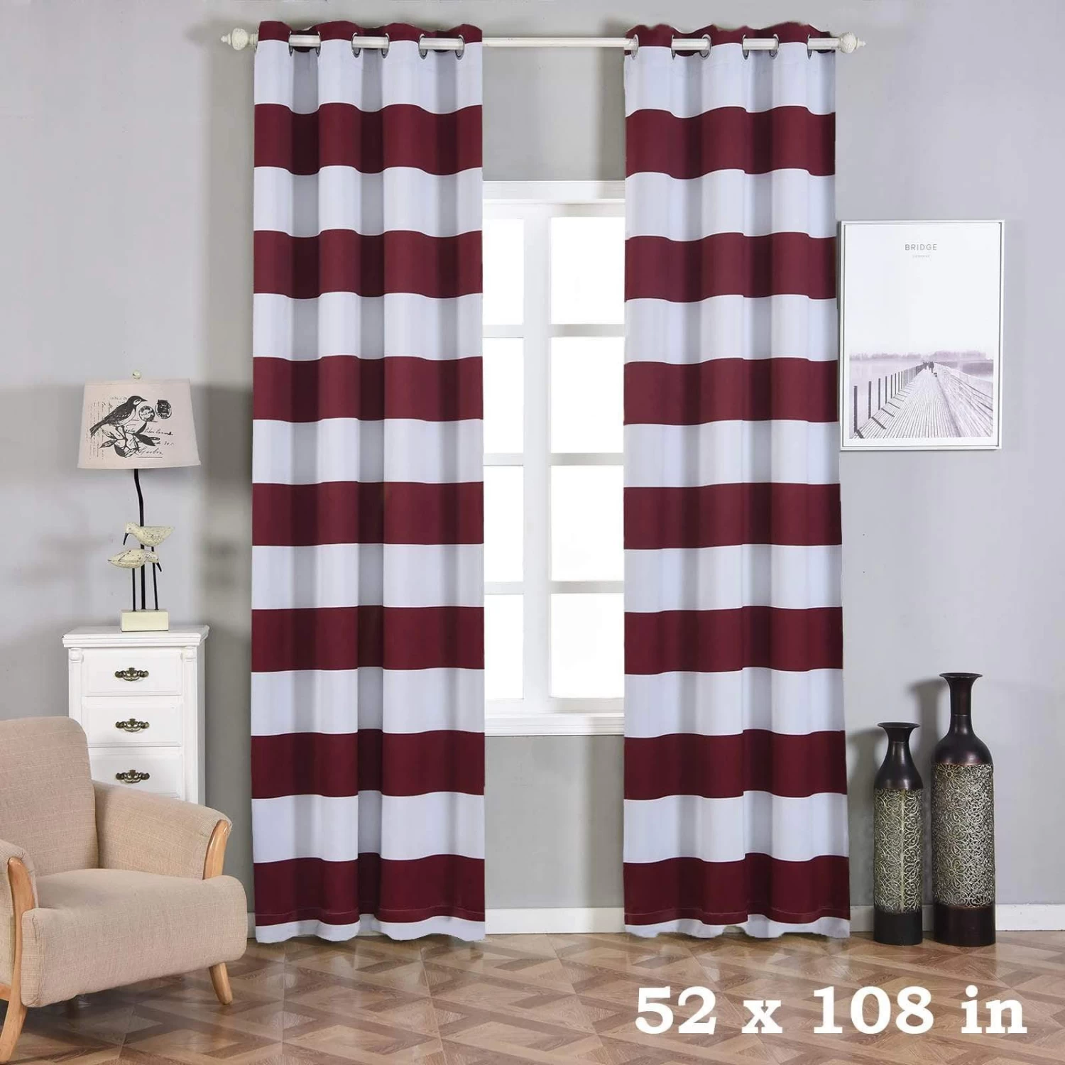 2 Pcs 52" X 108" Cabana Stripe Blackout Window Curtains Drapes Panels With Grommet Top - Image 13