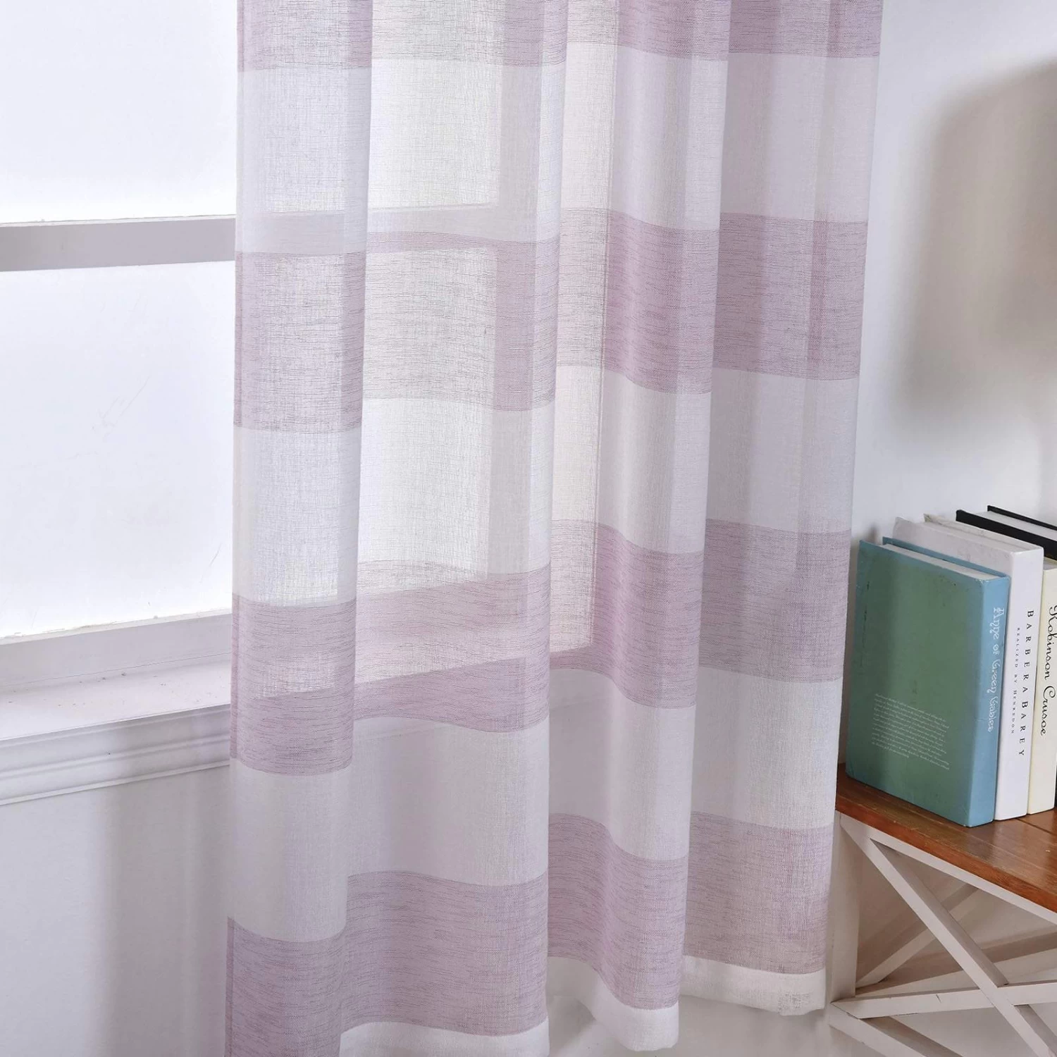 2 Pcs 52" X 108" Faux Linen Sheer Stripe Window Curtains Drapes Panels - Image 12