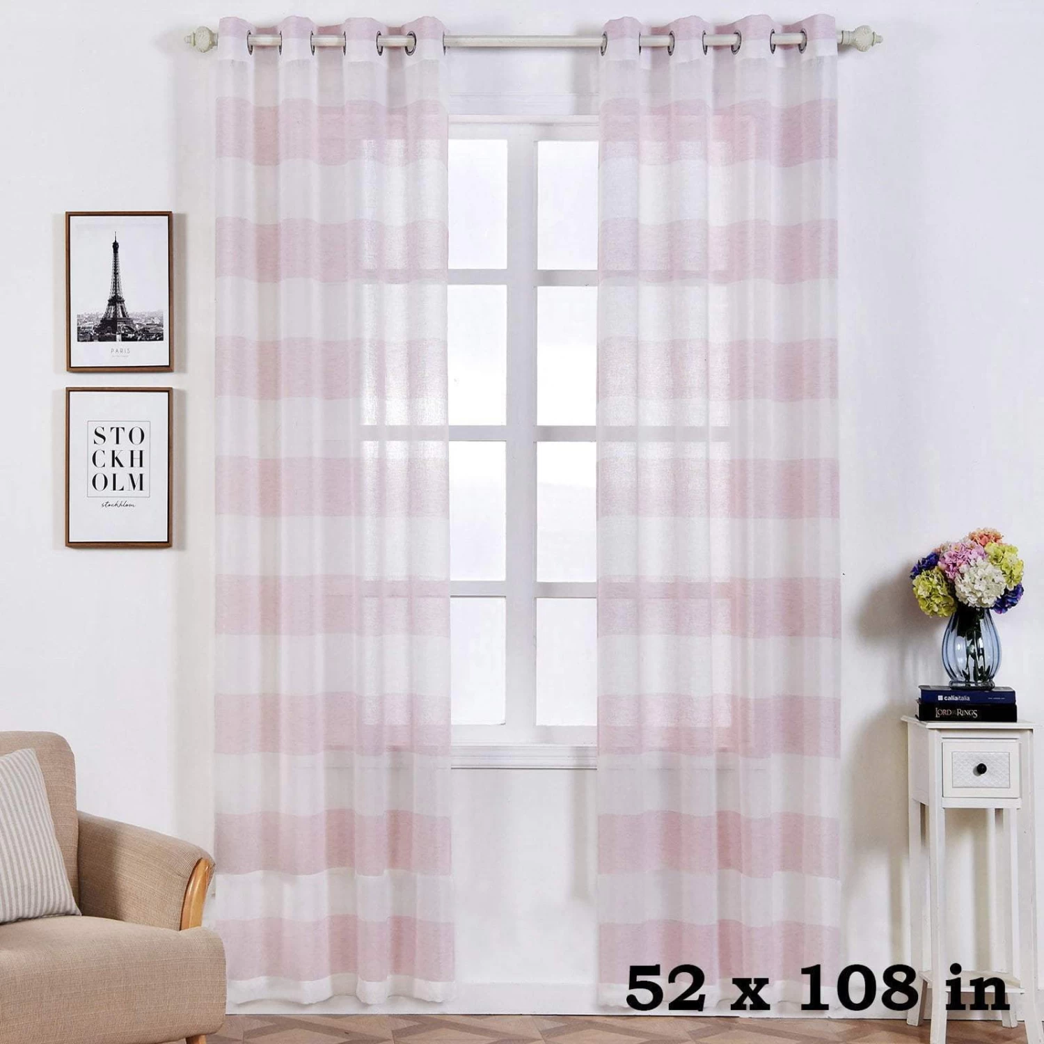 2 Pcs 52" X 108" Faux Linen Sheer Stripe Window Curtains Drapes Panels