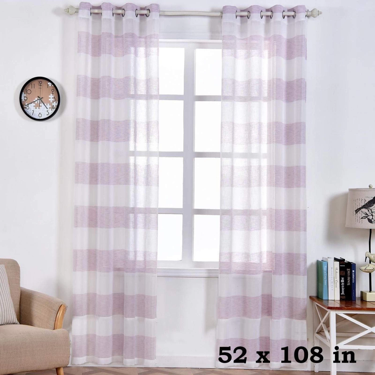 2 Pcs 52" X 108" Faux Linen Sheer Stripe Window Curtains Drapes Panels - Image 8