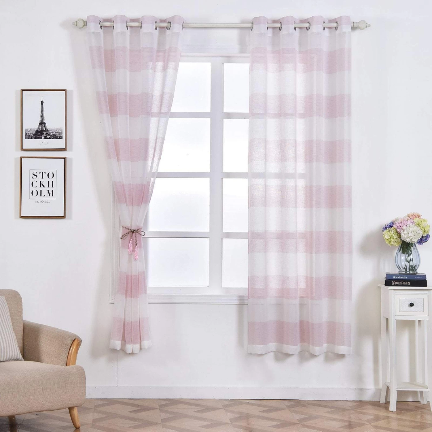 2 Pcs 52" X 84" Faux Linen Sheer Stripe Window Curtains Drapes Panels - Image 7