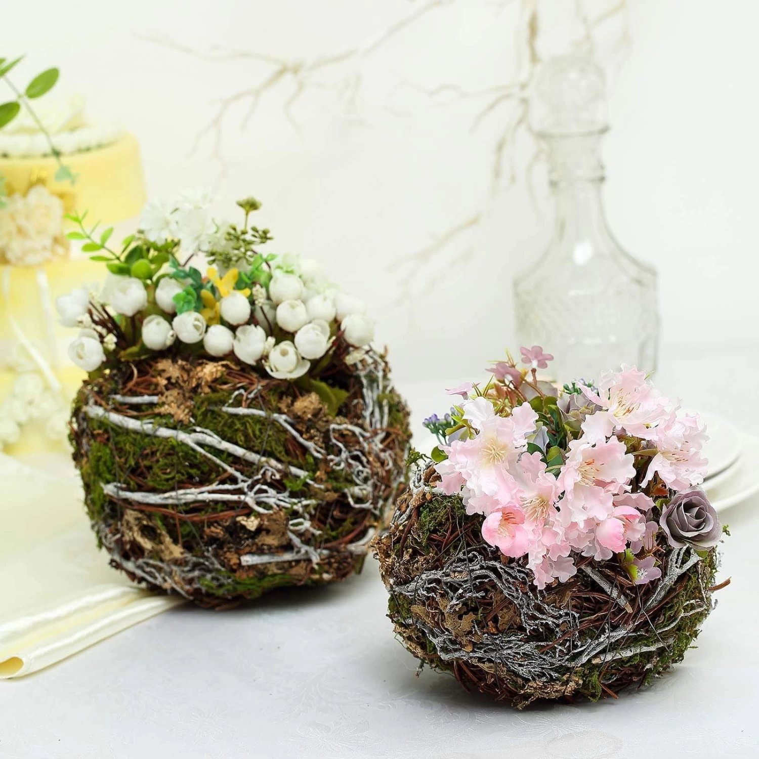 2 Brown And Green Natural Moss Bird Nest Planter Boxes Centerpieces - Image 2