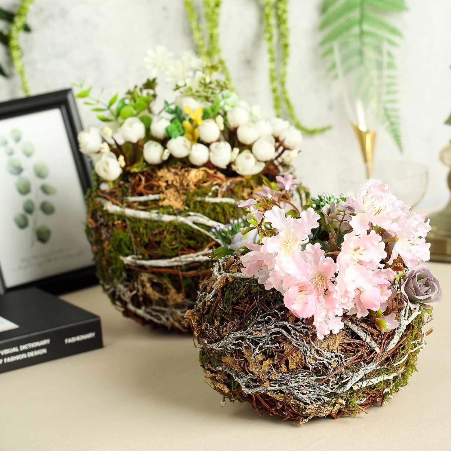 2 Brown And Green Natural Moss Bird Nest Planter Boxes Centerpieces - Image 3