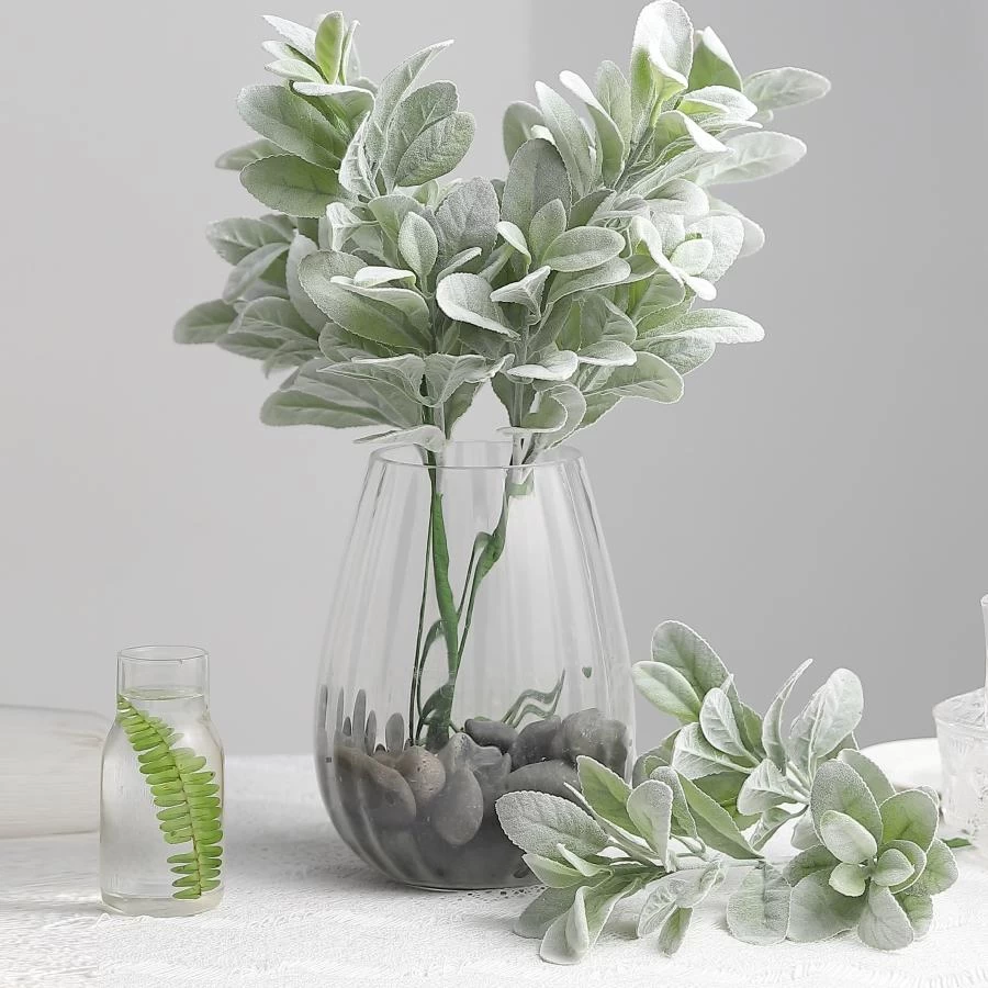 2 Frosted Green 24 In Artificial Flocked Lambs Ear Leaves Sprays Stems - Image 2