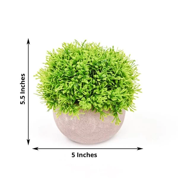 2 Green 5" Tall Mini Boxwood Topiary Artificial Plants In Gray Planter Pots - Image 2