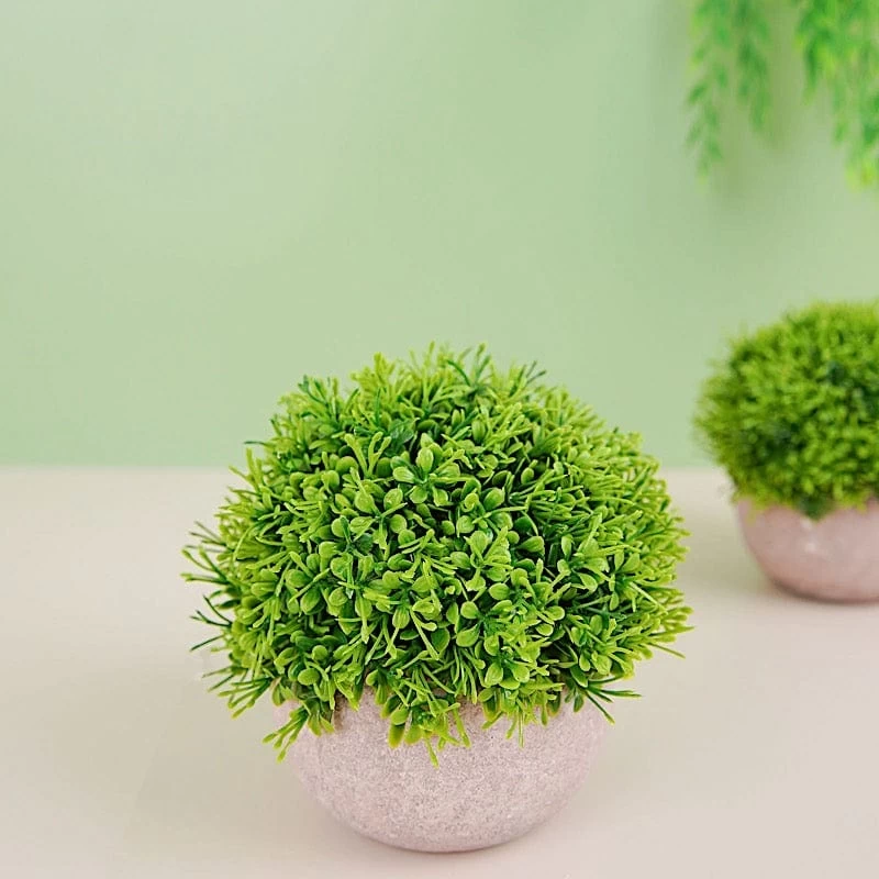 2 Green 5" Tall Mini Boxwood Topiary Artificial Plants In Gray Planter Pots - Image 9