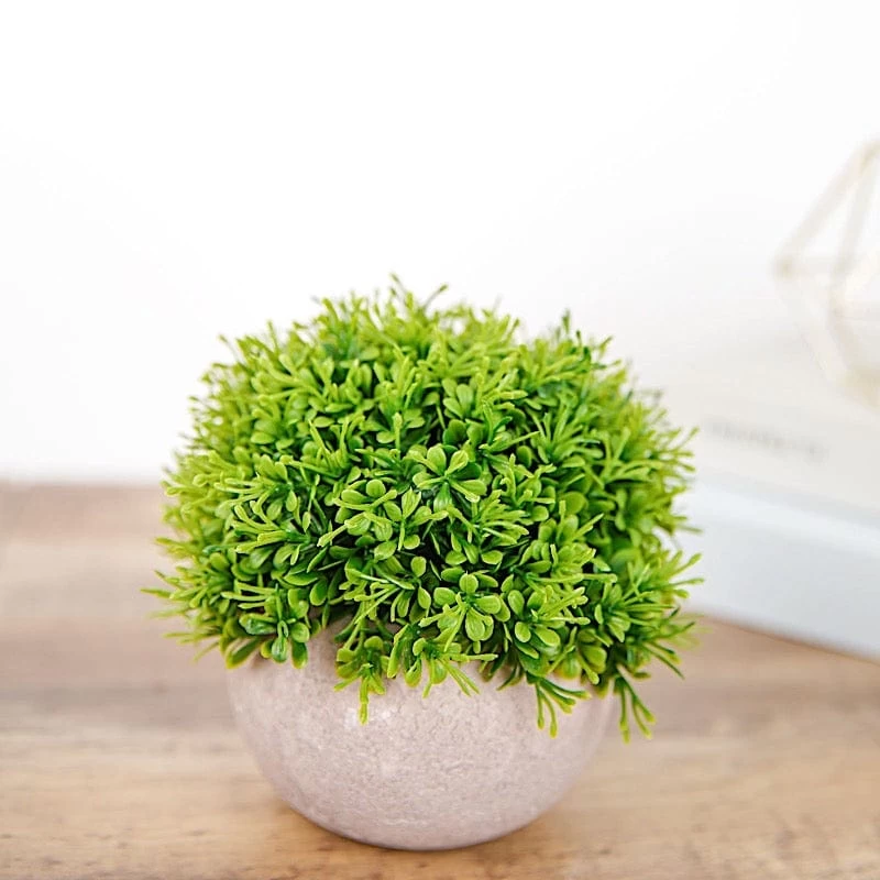 2 Green 5" Tall Mini Boxwood Topiary Artificial Plants In Gray Planter Pots - Image 8