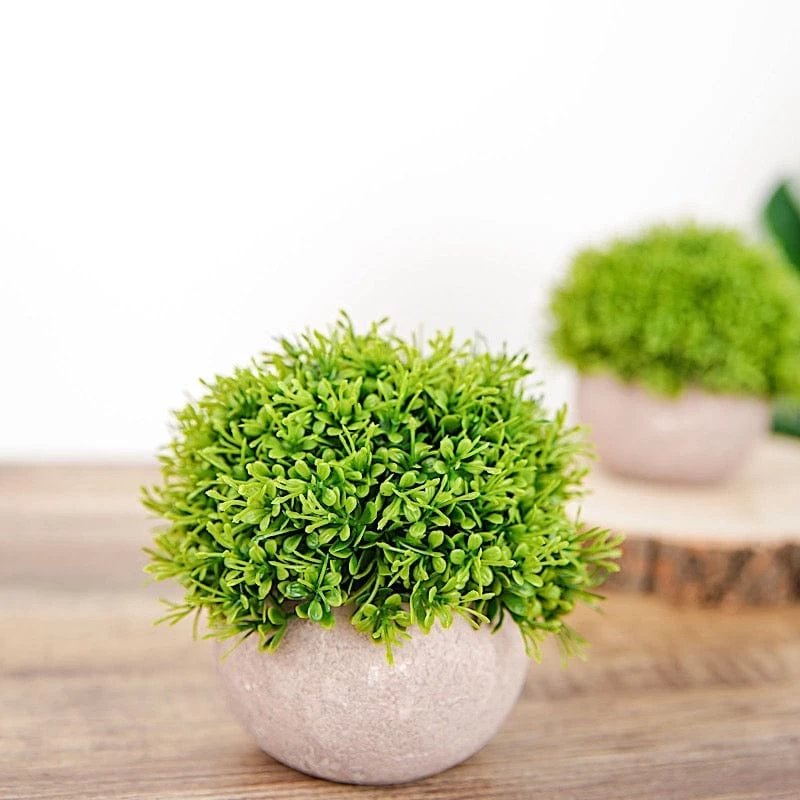 2 Green 5" Tall Mini Boxwood Topiary Artificial Plants In Gray Planter Pots - Image 3