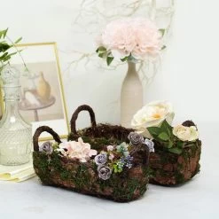 2 Green With Chocolate Brown Natural Moss Rectangular Planter Boxes With Handles Centerpieces