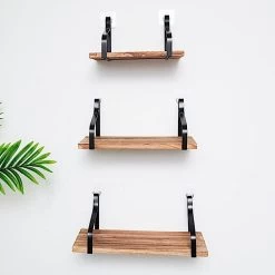 3 Rectangular Wood Floating Shelves With Black Metal Brackets