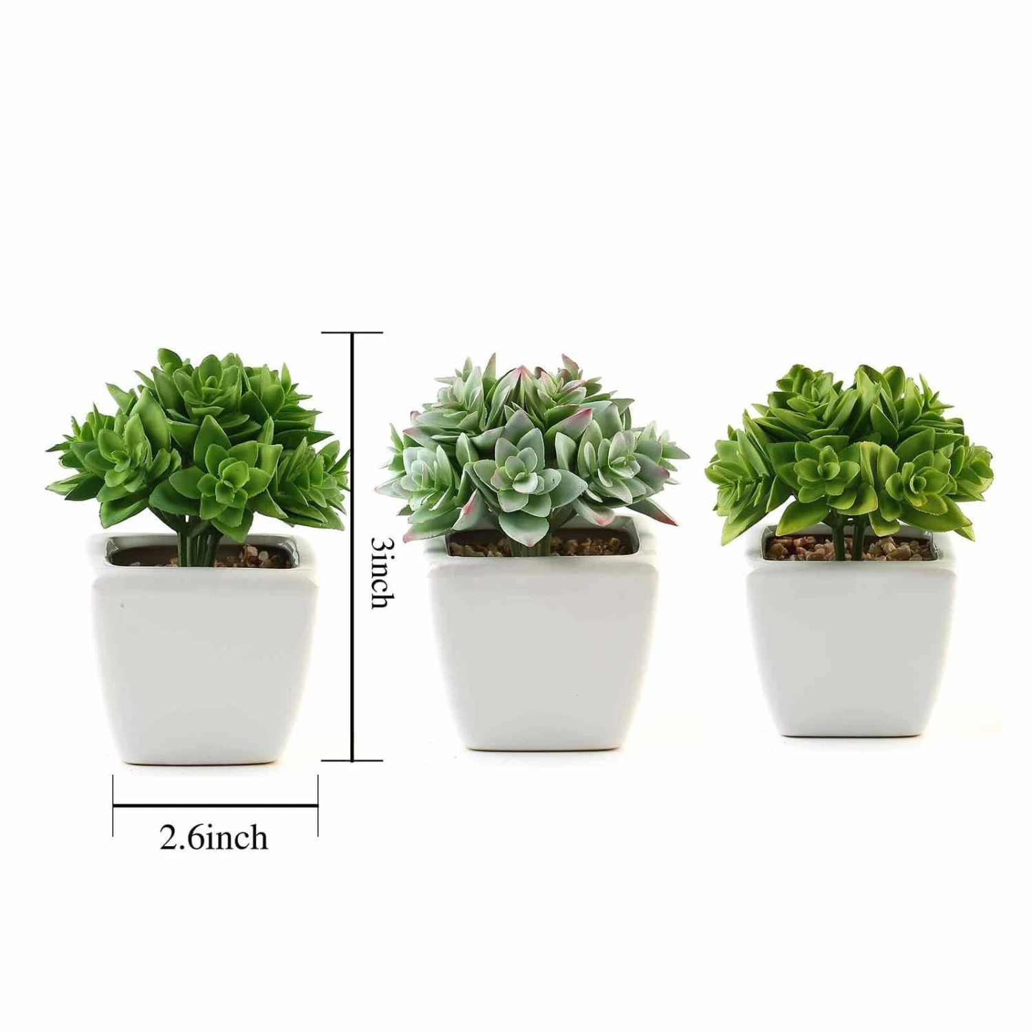 3 Pcs 4" Green Artificial Faux Crassula Succulent Plants With Off White Pots - Image 2