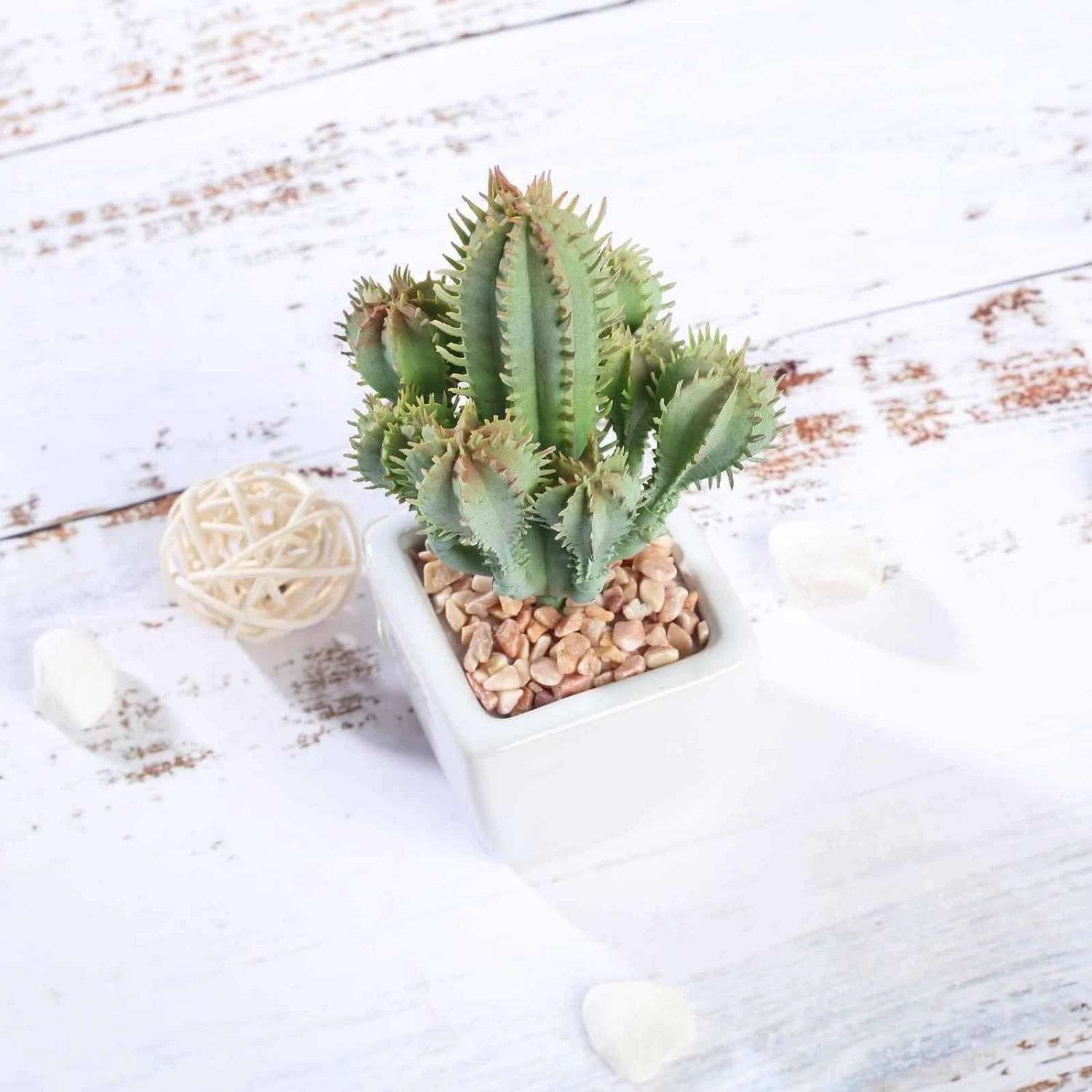 3 Pcs 5" Green Artificial Faux Succulent Cactus Plants With Off White Pots - Image 4