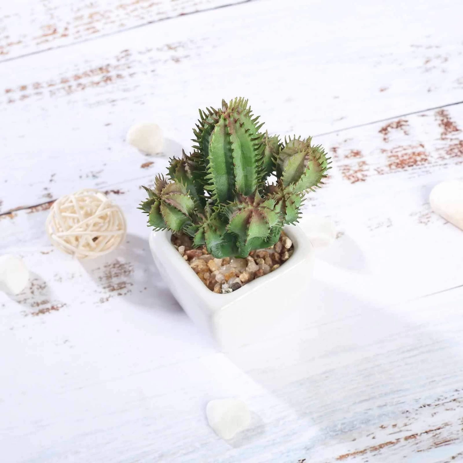 3 Pcs 5" Green Artificial Faux Succulent Cactus Plants With Off White Pots - Image 5