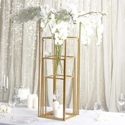 4 Gold Matte Metal Geometric Rectangular Stands Flower Vase Holders