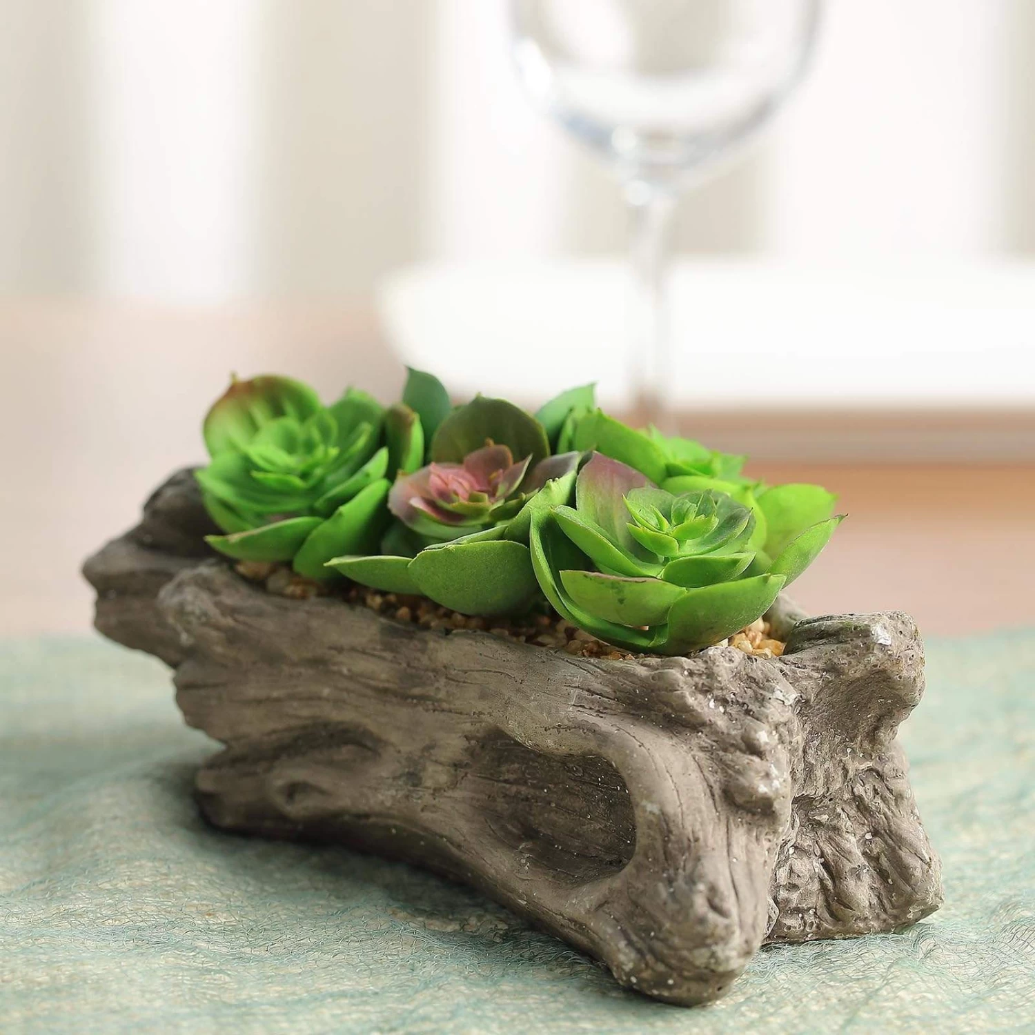 4 In Tall Brown Driftwood Planter Pot With Green Artificial Succulent Plants - Image 3