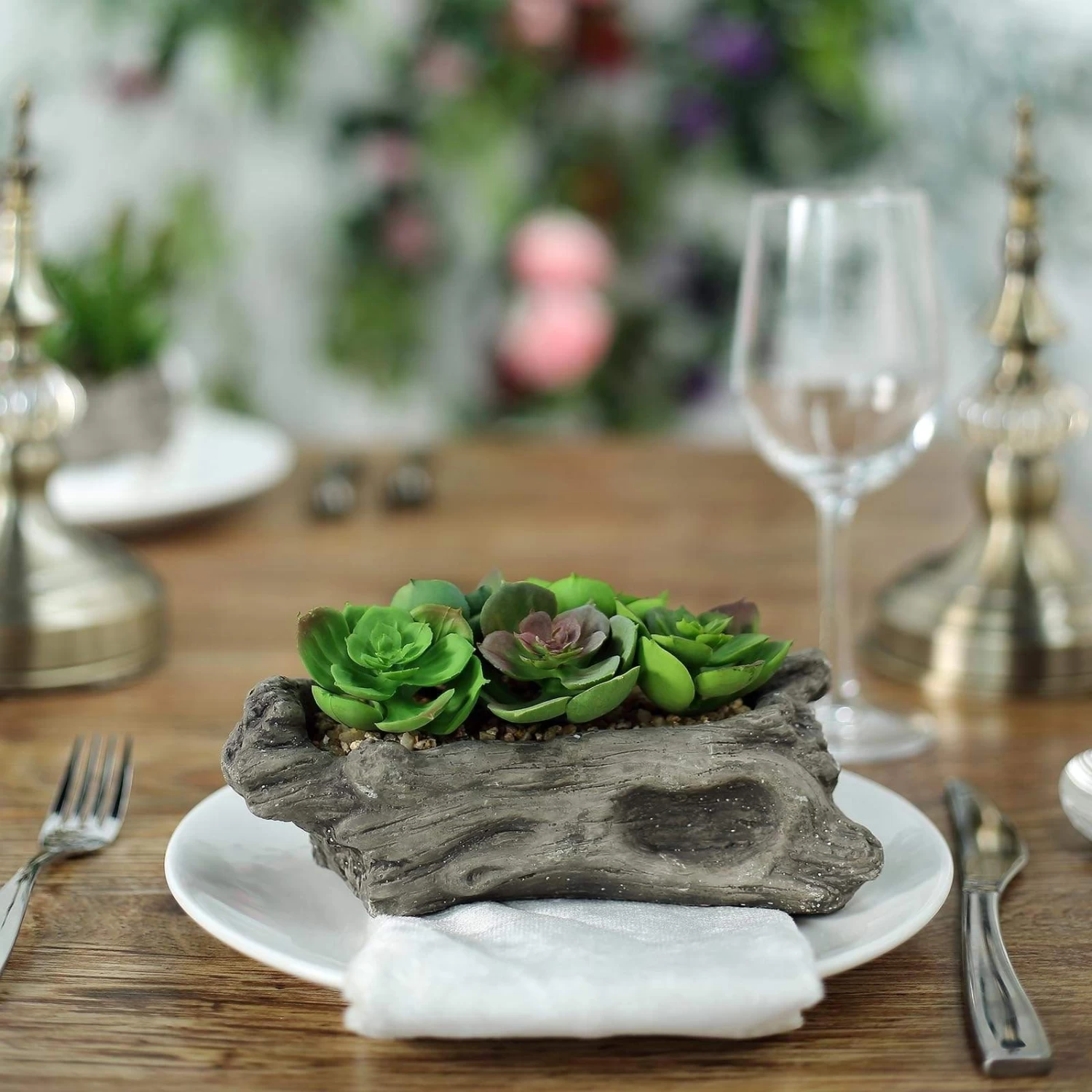 4 In Tall Brown Driftwood Planter Pot With Green Artificial Succulent Plants - Image 5