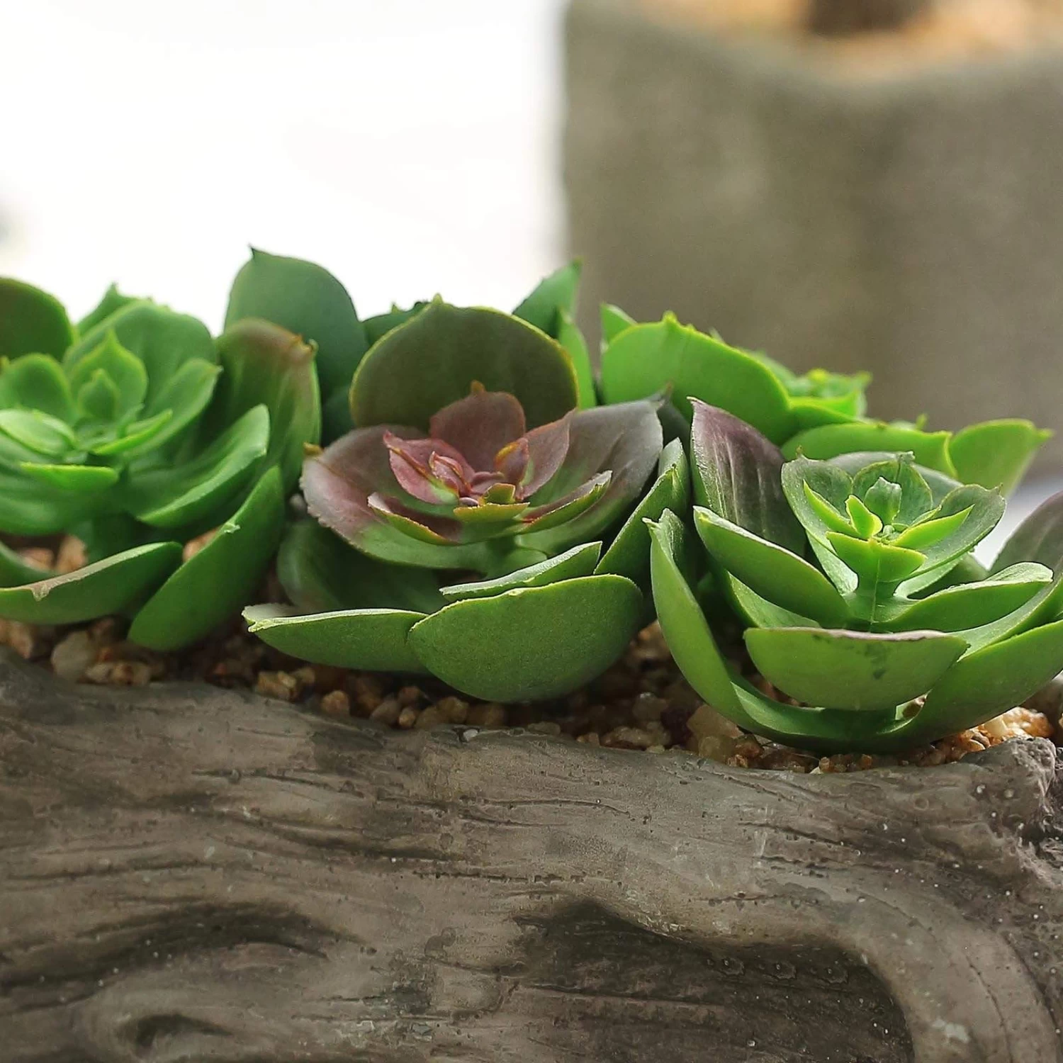 4 In Tall Brown Driftwood Planter Pot With Green Artificial Succulent Plants - Image 4