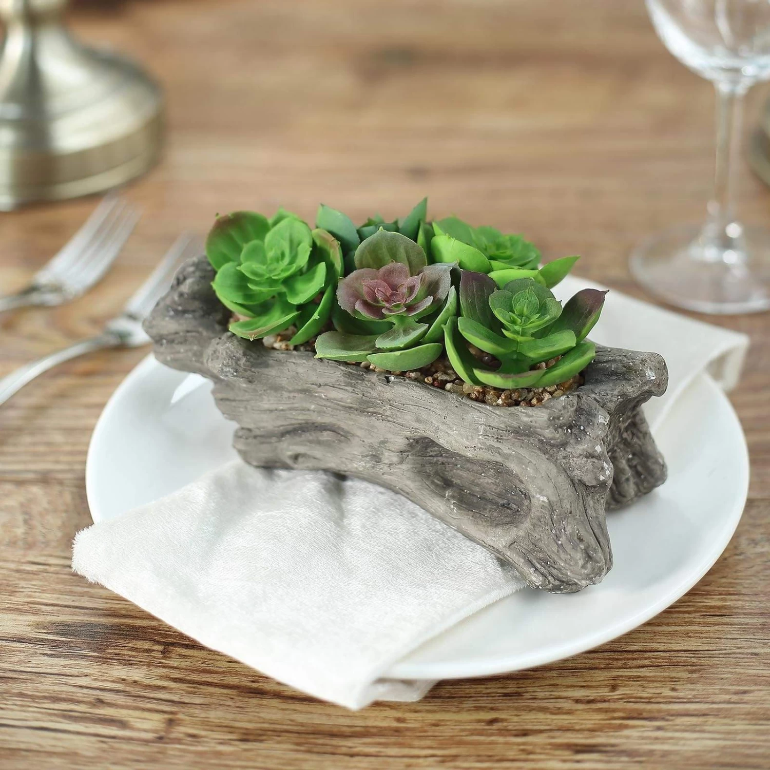 4 In Tall Brown Driftwood Planter Pot With Green Artificial Succulent Plants