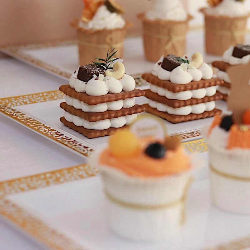 4 Rectangular 14 In Plastic Serving Trays With Lace Print Rim Design - Image 7