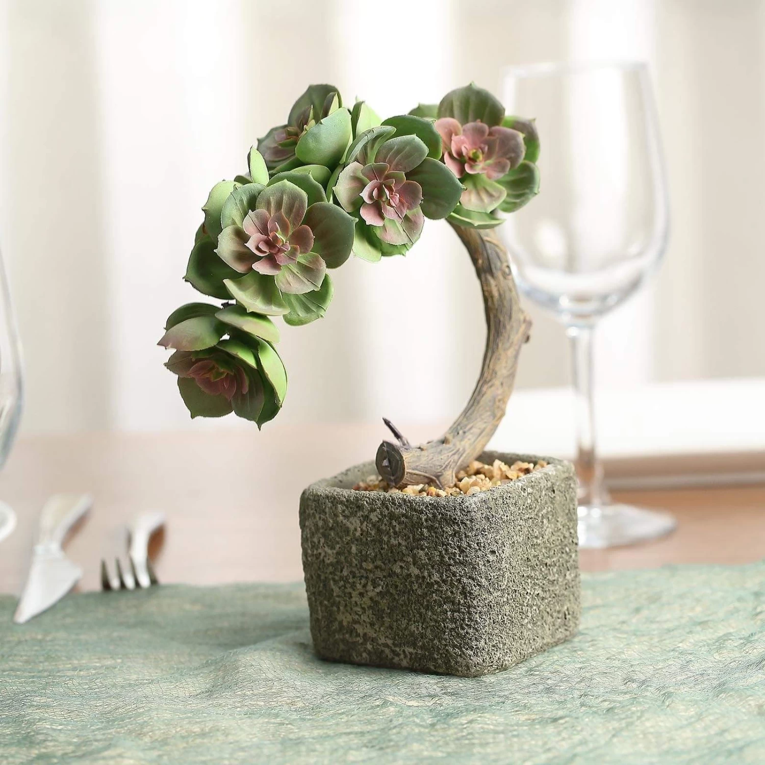 8 In Tall Concrete Planter Pot With Green Artificial Mini Succulents Tree - Image 4