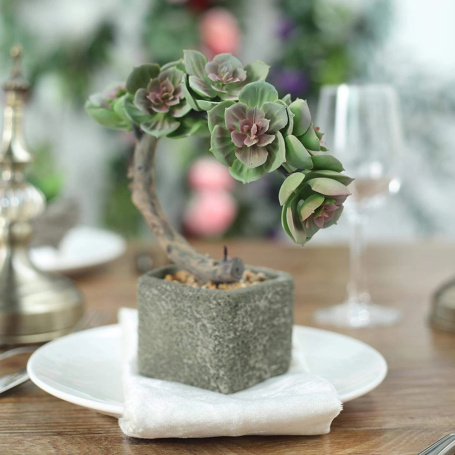 8 In Tall Concrete Planter Pot With Green Artificial Mini Succulents Tree - Image 3