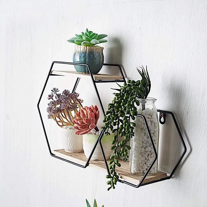 Black And Natural 2 Tier Hexagon Metal With Wood Geometric Floating Shelf - Image 6