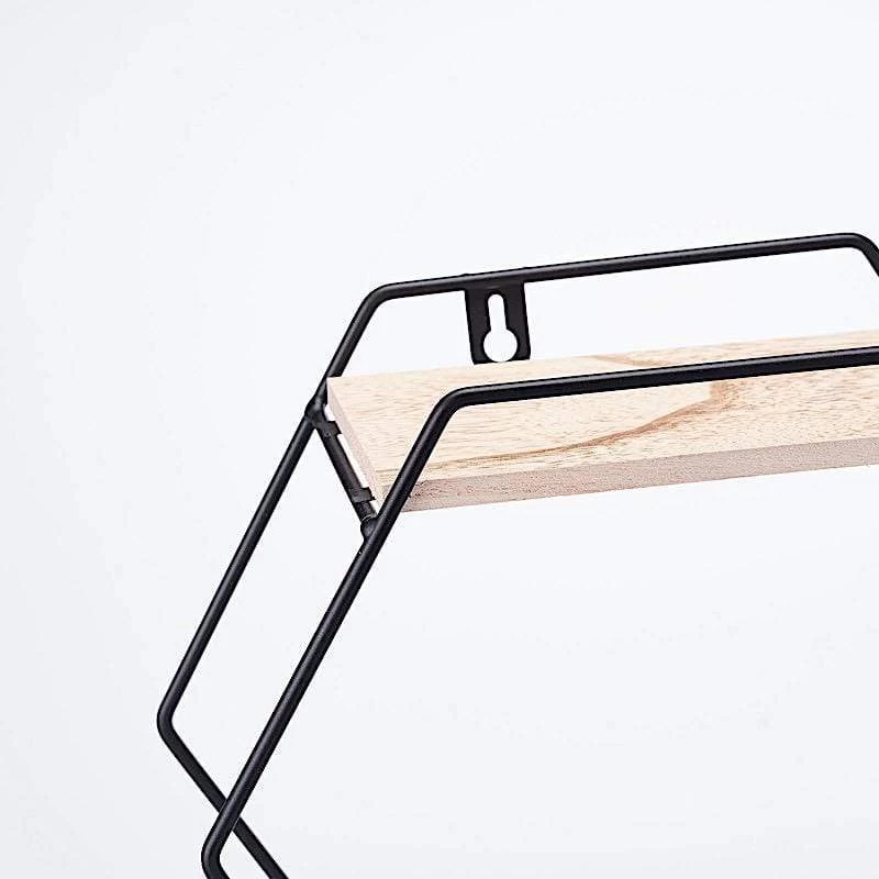 Black And Natural 2 Tier Hexagon Metal With Wood Geometric Floating Shelf - Image 7