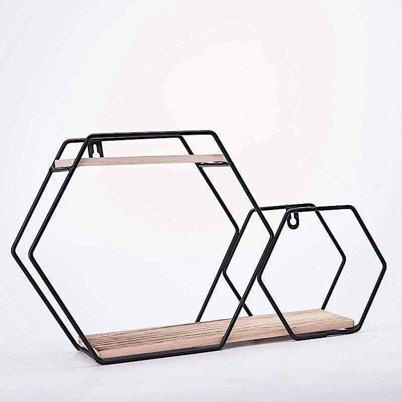 Black And Natural 2 Tier Hexagon Metal With Wood Geometric Floating Shelf - Image 9