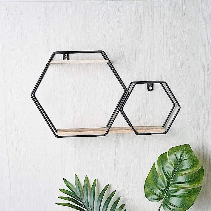 Black And Natural 2 Tier Hexagon Metal With Wood Geometric Floating Shelf - Image 2