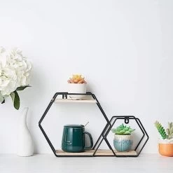 Black And Natural 2 Tier Hexagon Metal With Wood Geometric Floating Shelf