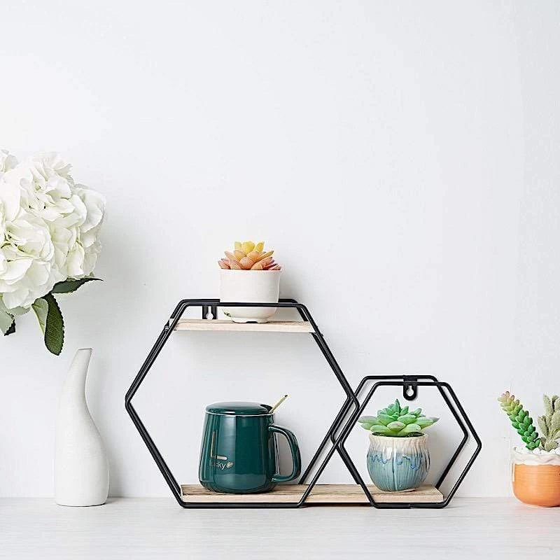 Black And Natural 2 Tier Hexagon Metal With Wood Geometric Floating Shelf