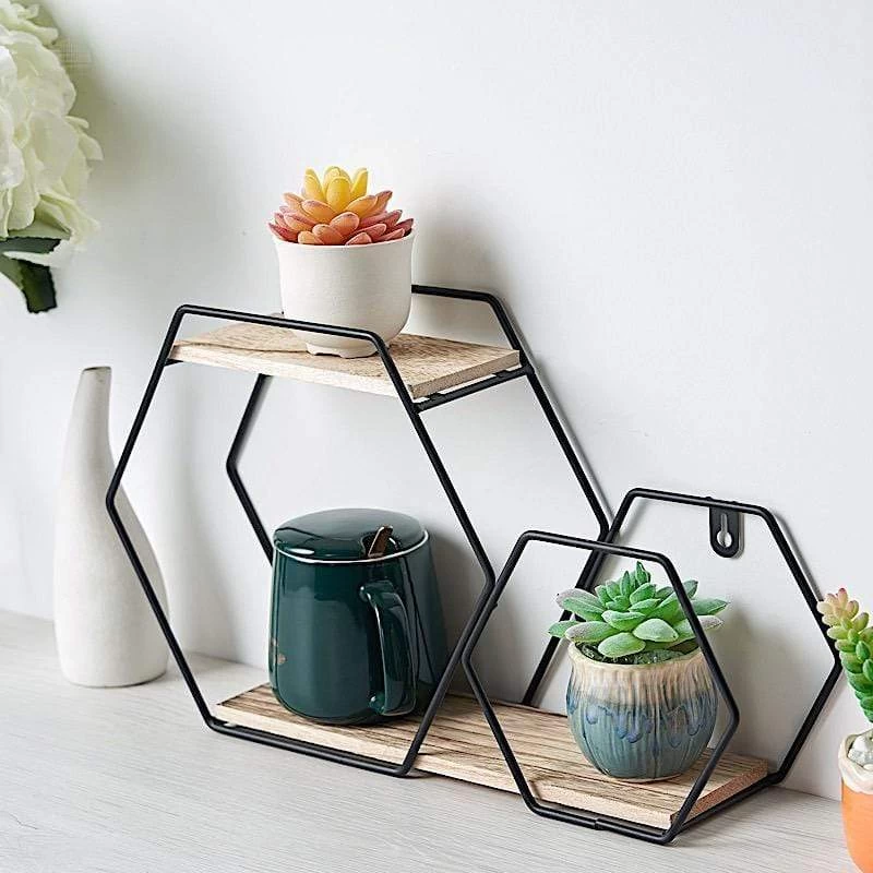 Black And Natural 2 Tier Hexagon Metal With Wood Geometric Floating Shelf - Image 5