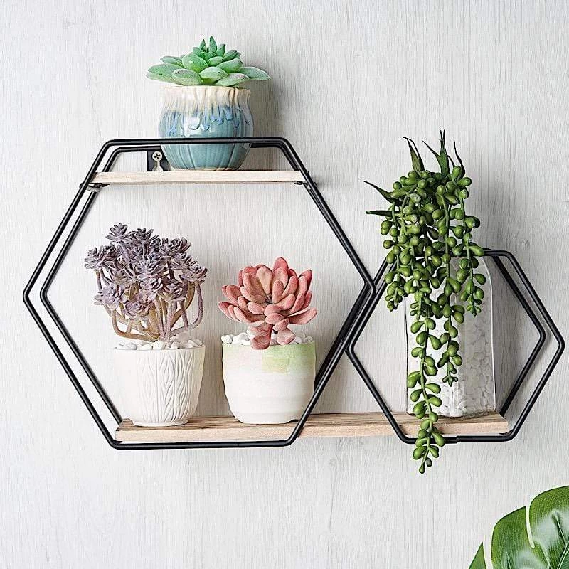 Black And Natural 2 Tier Hexagon Metal With Wood Geometric Floating Shelf - Image 3