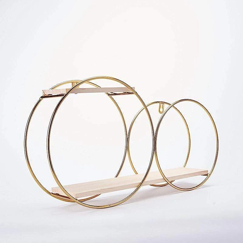 Gold And Natural 2 Tier Round Metal With Wood Geometric Floating Shelf - Image 5