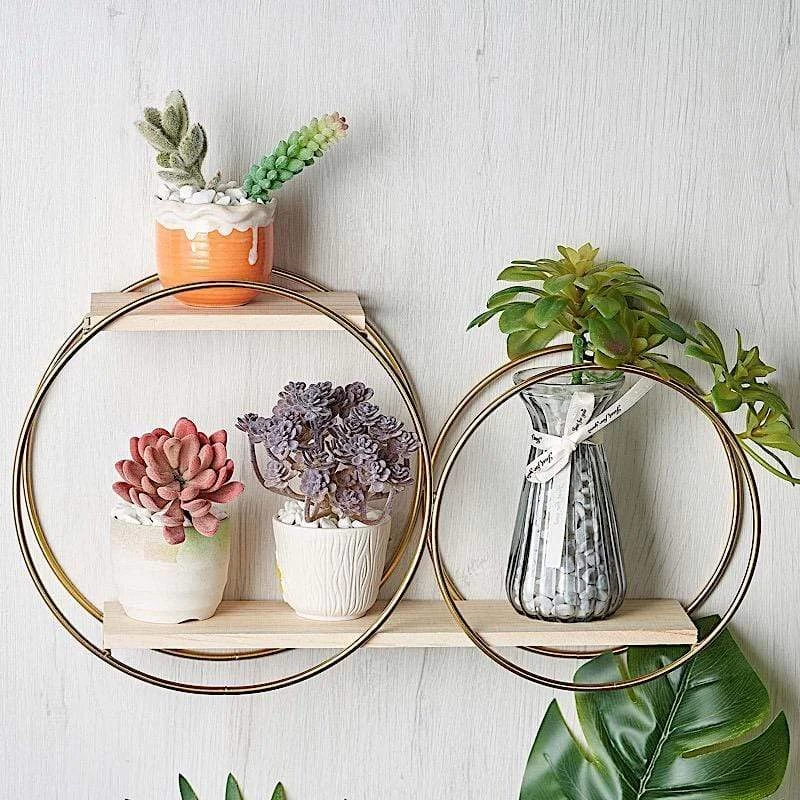 Gold And Natural 2 Tier Round Metal With Wood Geometric Floating Shelf - Image 7